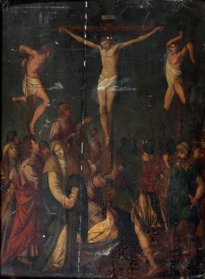 Ecole flamande du XVIIème Crucifixion Panneau Restaurations anciennes 61 x 45.5 ...