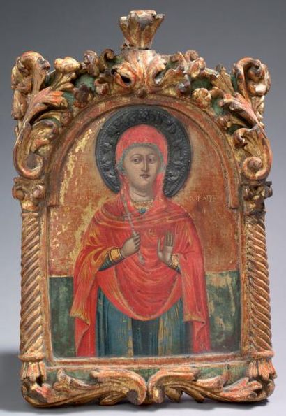 null ICONE Vierge, mandorle en métal Panneau de bois sculpté et doré 40 x 27 cm