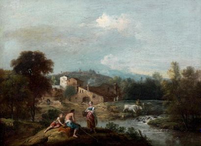 Giuseppe ZAIS (1709-1784) Bergers se reposant au bord d'un cours d'eau Toile Porte...