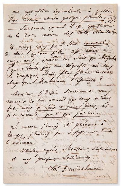BAUDELAIRE Charles (1821-1867) Lettre autographe signée [à Gervais CHARPENTIER],...