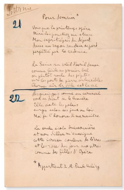 ARAGON Louis (1897-1982) Pour demain, poème autographe dédié à Paul VALÉRY, circa...