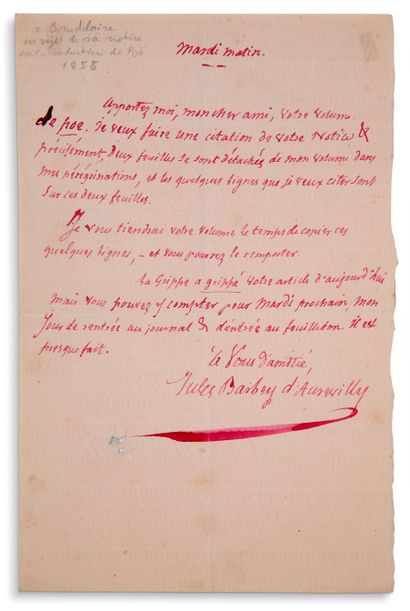 BARBEY D'AUREVILLY JULES (1808-1889) Lettre autographe signée [à Charles BAUDELAIRE]....