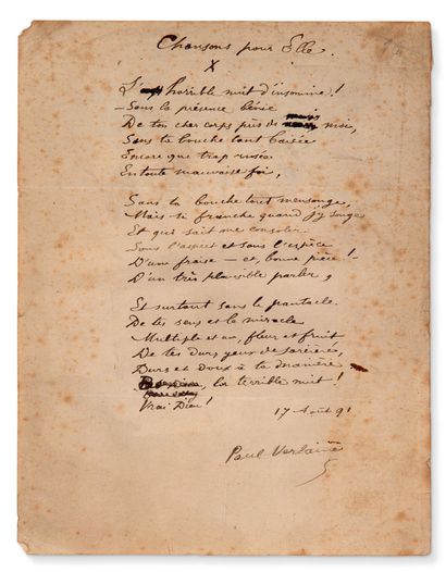VERLAINE PAUL (1844-1896) Chansons pour Elle, poème autographe signé, S.l., 17 août...