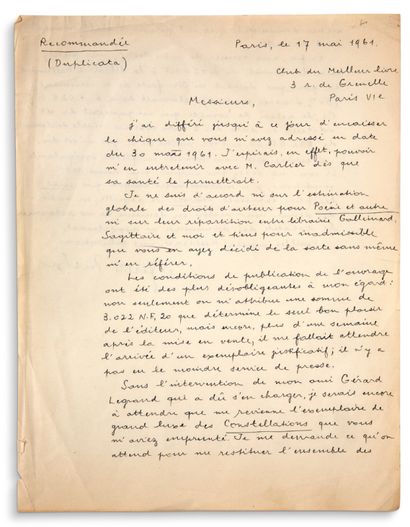 BRETON André (1896-1966) Autograph letter signed to the Club du meilleur livre.
Paris,...