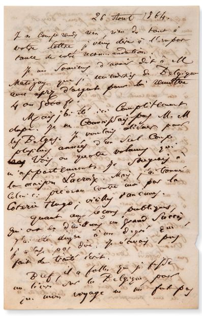 BAUDELAIRE Charles (1821-1867) Autograph letter signed to Antoine [ARONDEL], Brussels,...