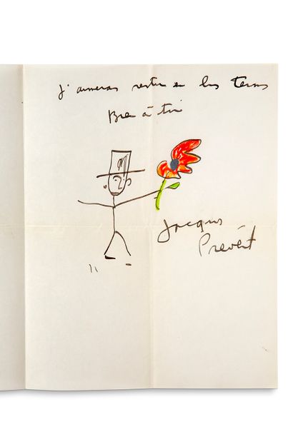 PREVERT Jacques (1900-1977) Lettre autographe signée à Pascal PIA enrichie d'un dessin...