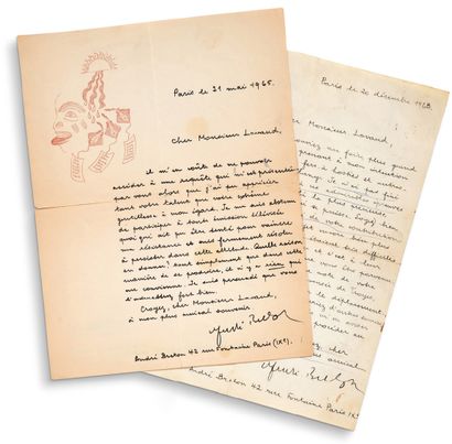 BRETON André (1896-1966) Deux lettres autographes signées à M. LAVAUD. Paris 20 décembre...