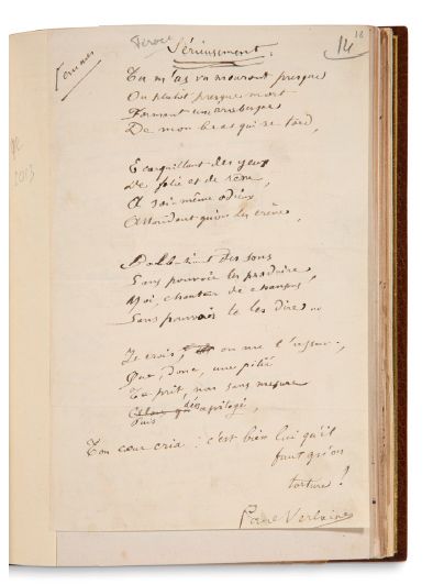 VERLAINE PAUL (1844-1896) 
收集了47首签名的诗歌，有不同的纸张和格式，装在标签或叶子上的一卷，1891-1895年。65页，8开本。
lavaliere...