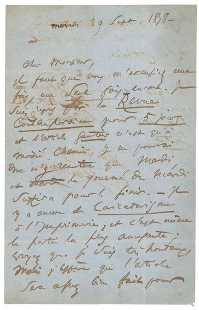 BAUDELAIRE Charles (1821-1867) Lettre autographe signée à l'imprimeur BONAVENTURE....