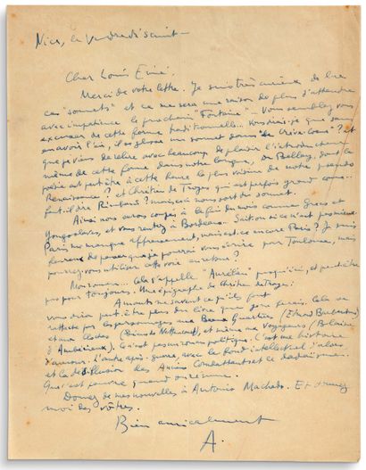 ARAGON Louis (1897-1982) Autograph letter signed "A" to Louis EMIÉ, Nice, Good Friday...