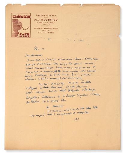 CAMUS Albert (1913-1960) 签名信（分钟），[约1948年]；1页in-4，Graindarome Cafés & Poivres Jean...