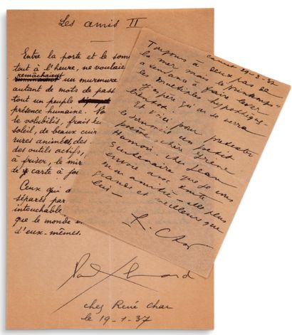 CHAR RENÉ (1907-1988) Lettre autographe signée de René CHAR à Irène Hamoir et Jean...