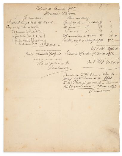 RIMBAUD ARTHUR (1854-1891) Extrait de comptes destiné à Armand SAVOURÉ, manuscrit...