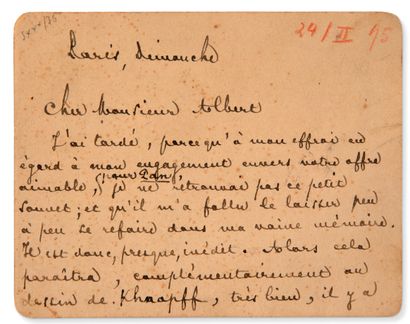 MALLARMÉ Stéphane (1842-1898) Lettre autographe signée à Henri ALBERT, Paris, Dimanche...