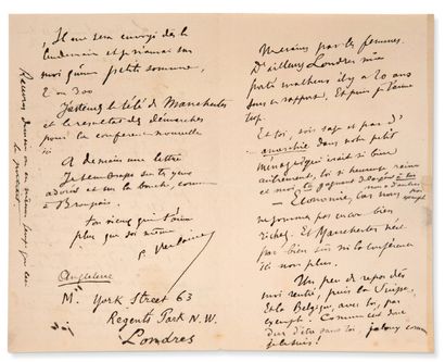 VERLAINE PAUL (1844-1896) - Lettre autographe signée à sa chère femme [Philomène...