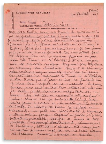 CELINE LOUIS-FERDINAND (1894-1961) Lettre autographe signée «Destouches», [Prison...