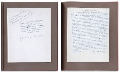 ARAGON Louis (1897-1982) 自动写作，一套九首亲笔诗（1919年7月至1920年夏）。12页内页，用墨水粘贴在较大的无烟煤铺装纸上，装在标签上，酒红色半摩洛哥在两块板上用印刷纸装框，第一块板上有镀金的印刷品，光滑的书脊上有镀金的印刷品，滑套（阿里巴巴）。
阿拉贡在第一页上的亲笔说明："自动写作，超现实主义的文本，关于一个vingtaine...