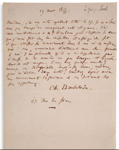 BAUDELAIRE Charles (1821-1867) Autograph letter signed to George SAND, "August 19,...