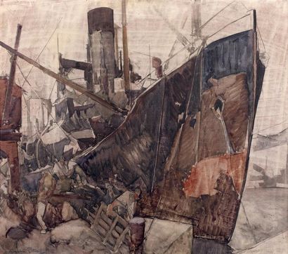 Andre PETROFF (1893-1975) Sur le quai Aquarelle sur panneau, signée en bas à gauche...