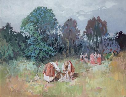 Stepan F. KOLESNIKOFF (1879-1955) Les paysannes Technique sur papier signée en bas...