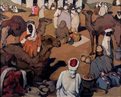 Léon CAUVY (1874-1933) Le souk Huile sur toile, signée en bas à droite 64,5 x 81...
