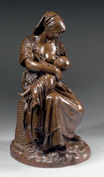 Aimé Jules DALOU (1838-1902) Paysanne française allaitant son enfant Bronze, à patine...