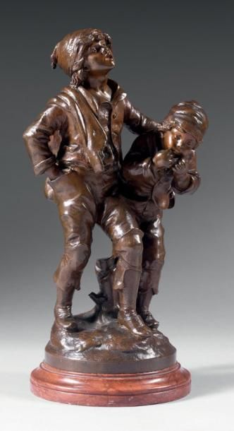 Auguste Louis MOREAU (1855-1919) Deux jeunes enfants Bronze à patine marron, signé...