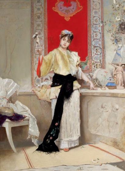 Emile Auguste PINCHART (1842-1924) La dernière acquisition Huile sur toile, signée...