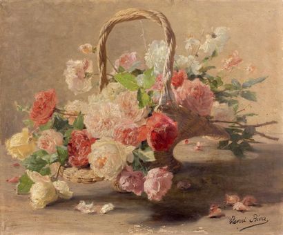 Henri BIVA (1848-1929) Panier de roses rouges et blanches Huile sur toile, signée...
