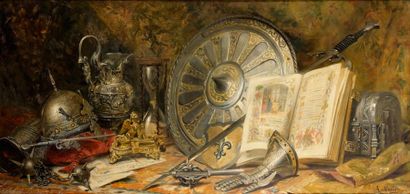 Antoine VOLLON (1833-1900) Nature morte au bouclier Huile sur toile, signée en bas...