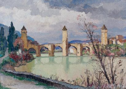 Gaston BALANDE (1880-1971) Pont de Valentré à Cahors Huile sur toile, signée en bas...