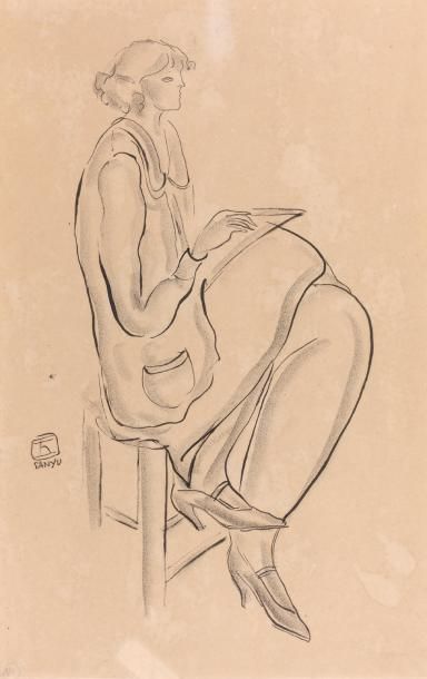 SANYU (1901-1966) Femme à la lecture Encre, signée sur le côté gauche 42,5 x 27 cm...