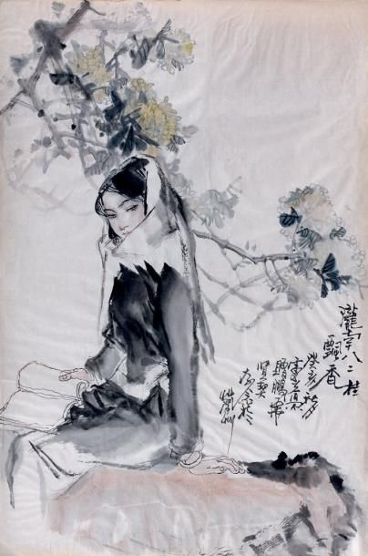 LEI CHUN Jeune femme assise Encre et couleur sur papier, inscription en bas à gauche...