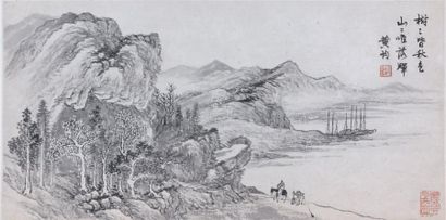 HUANG JUN (1775-1850) Scène animée en bord de mer Crayon et lavis sur papier, signé...
