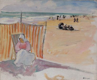 Henri LEBASQUE (1865-1937) Bretonne à la plage Huile sur toile, signée en bas à droite...