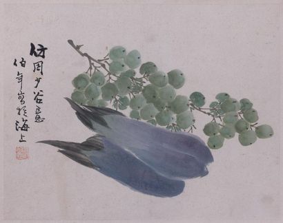 REN BONIAN dit REN YI (1840-1896) Nature morte aux raisins Encre et couleur sur papier,...