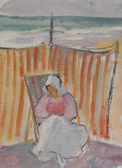Henri LEBASQUE (1865-1937) Bretonne à la plage Huile sur toile, signée en bas à droite...