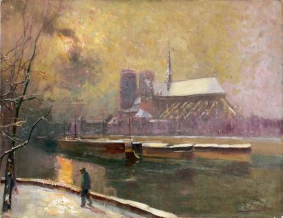 Elie Anatole PAVIL (1873-1948) Promenade sur le quai de la Tournelle Huile sur toile,...