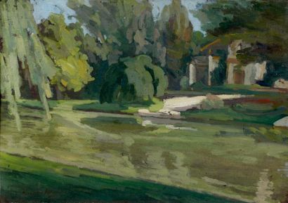 Alexandre ALTMANN (1885-1950) Maison au bord de l'eau Huile sur panneau, signée en...