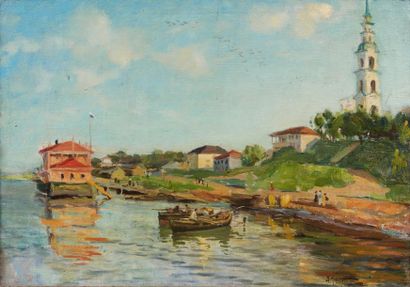 Alexandre Vladimirovich MAKOVSKY (1869-1924) Les bords de la rivière Huile sur toile,...