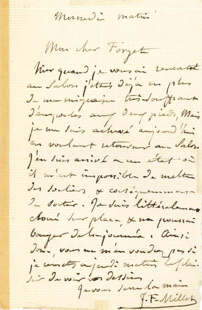 MILLET JEAN-FRANÇOIS (1814-1875). L.A.S. «J.F. Millet», Mercredi matin, à Charles-Gabriel...