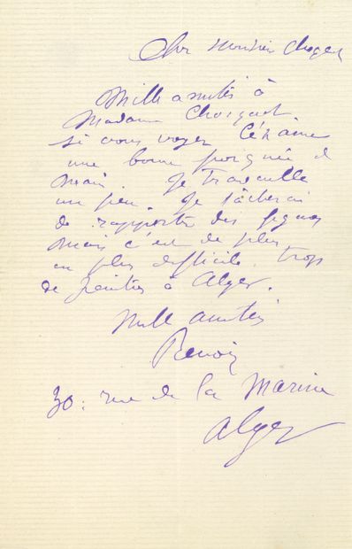 RENOIR AUGUSTE (1841-1919). L.A.S. «Renoir», Alger [1882], à Victor CHOCQUET; 1 page...