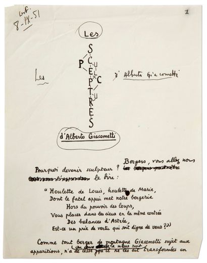 GIACOMETTI Alberto (1901-1966).PONGE Francis (1899-1988). 2 Alberto GIACOMETTI的L.A.S.致F.庞格，弗朗西斯-庞格给贾科梅蒂的2份L.A.S.，以及弗朗西斯-庞格的8份亲笔签名单据。10,000/15,000
雕塑家和诗人之间的珍贵交流，以及一套追溯弗朗西斯-庞格关于贾科梅蒂文本的起源和阐述的手稿。
弗朗西斯-庞格，曾写过一些关于艺术家的文本，如布拉克、福德里埃或费诺萨，他花了大量的时间来研究贾科梅蒂的作品。1951年，他在Christian...