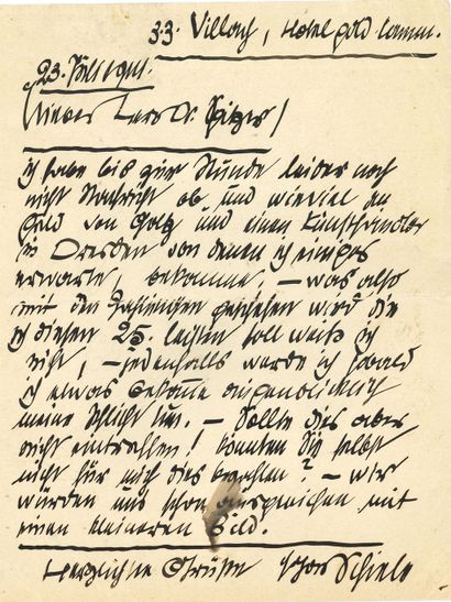 SCHIELE Egon (1890-1918). L.A.S. "Egon Schiele", Villach, Hotel Goldener Lamm, 1914年7月23日，致SPITZER博士；1页小四开（轻微折痕）；德语。
Schiele需要钱的罕见信件。
他仍然不知道他是否会从戈尔茨[Hans...