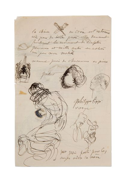 RODIN Auguste (1840-1917). NOTES autographes et DESSINS à la plume et encre noire,...