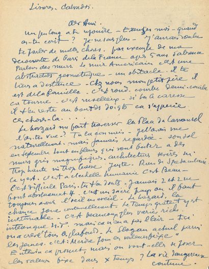 LÉGER FERNAND (1881-1955). L.A.S. "FLeger"，Lisores（Calvados）1946年10月，致朋友；3页中4页。
关于他在美国流亡五年后重新发现巴黎，以及现代世界。
他发现了巴黎："让我们谈谈墙。美国墙是一个几何抽象概念--一个障碍，它让你保持距离。在家里，我的小父亲是家庭的一员。它是圆的，半弯的，它是转的，它是软的，如果你抚摸它，你的指尖还会有一些"...。他穿过卡鲁塞尔广场："九月的地板上全是鲜花，映衬着宏伟的灰色墙壁，严峻的建筑既不高也不低，只是。没有什么了不起的。它就在那里。这是在人类的尺度上，它是美丽的。在巴黎，这很难，你可以想象。二和二永远不等于四。...