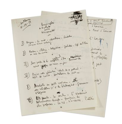 GIACOMETTI Alberto (1901-1966).PONGE Francis (1899-1988). 2 Alberto GIACOMETTI的L.A.S.致F.庞格，弗朗西斯-庞格给贾科梅蒂的2份L.A.S.，以及弗朗西斯-庞格的8份亲笔签名单据。10,000/15,000
雕塑家和诗人之间的珍贵交流，以及一套追溯弗朗西斯-庞格关于贾科梅蒂文本的起源和阐述的手稿。
弗朗西斯-庞格，曾写过一些关于艺术家的文本，如布拉克、福德里埃或费诺萨，他花了大量的时间来研究贾科梅蒂的作品。1951年，他在Christian...
