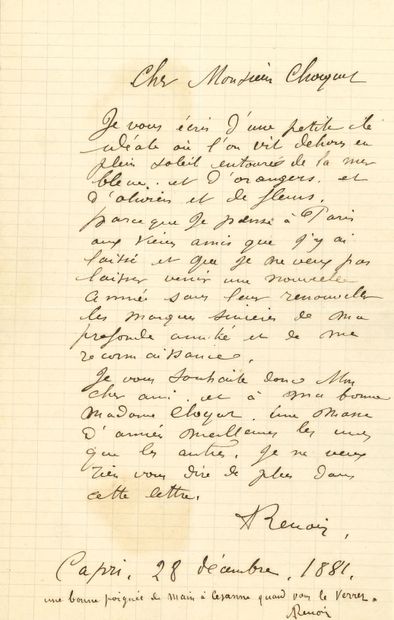 RENOIR AUGUSTE (1841-1919). L.A.S. "ARenoir", Capri December 28, 1881, to Victor...