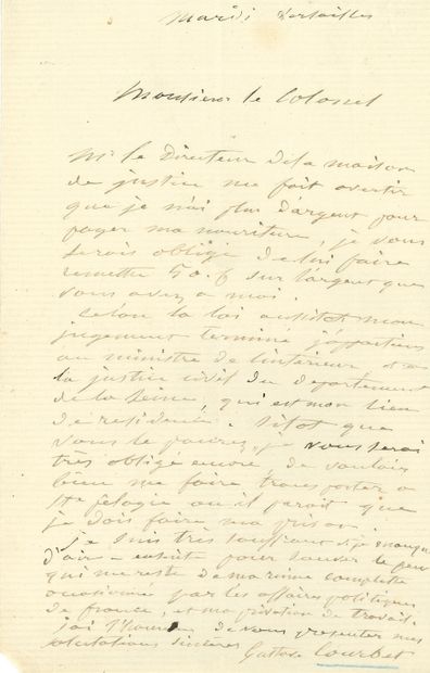 COURBET Gustave (1819-1877). L.A.S. «Gustave Courbet», Versailles mardi [mi-septembre...
