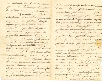GÉRICAULT Théodore (1791-1824). L.A.，[1822]年6月10日，致TROUILLARD女士，巴黎Chantereine街10号；3页，8开本，地址（纸张有点皱）。
对其情妇的分手信的答复。"美丽的夫人，因为我知道你是美丽的，我在这里说这些不是为了让你痛苦，上帝不允许我给任何人带来痛苦，你亲切的来信，此外，一定让我意识到你对事情的态度很好，好的玩笑对你来说是熟悉的。所有这些人都是有义务的，而且品味很好，只有最后一个人在我看来有点苛刻。在这封信中，你清楚地认定，我没有什么可对你说的，因为你没有什么可听的。...
